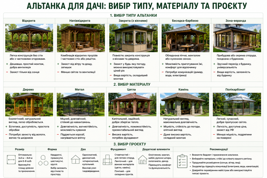 Інфографіка про вибір альтанки для дачі — відкриті, напіввідкриті, закриті та барбекю-альтанки, матеріали конструкції, вибір форми, даху та фундаменту