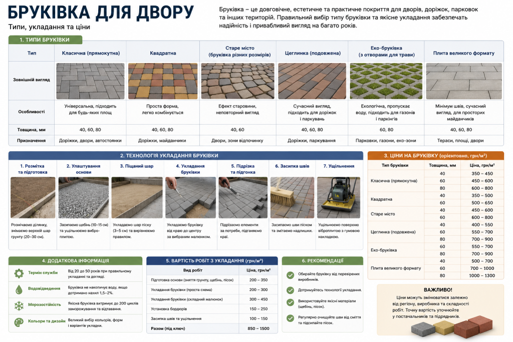 Інфографіка про бруківку для двору — типи покриття, технологія укладання у 7 кроків, орієнтовні ціни на матеріал та роботи