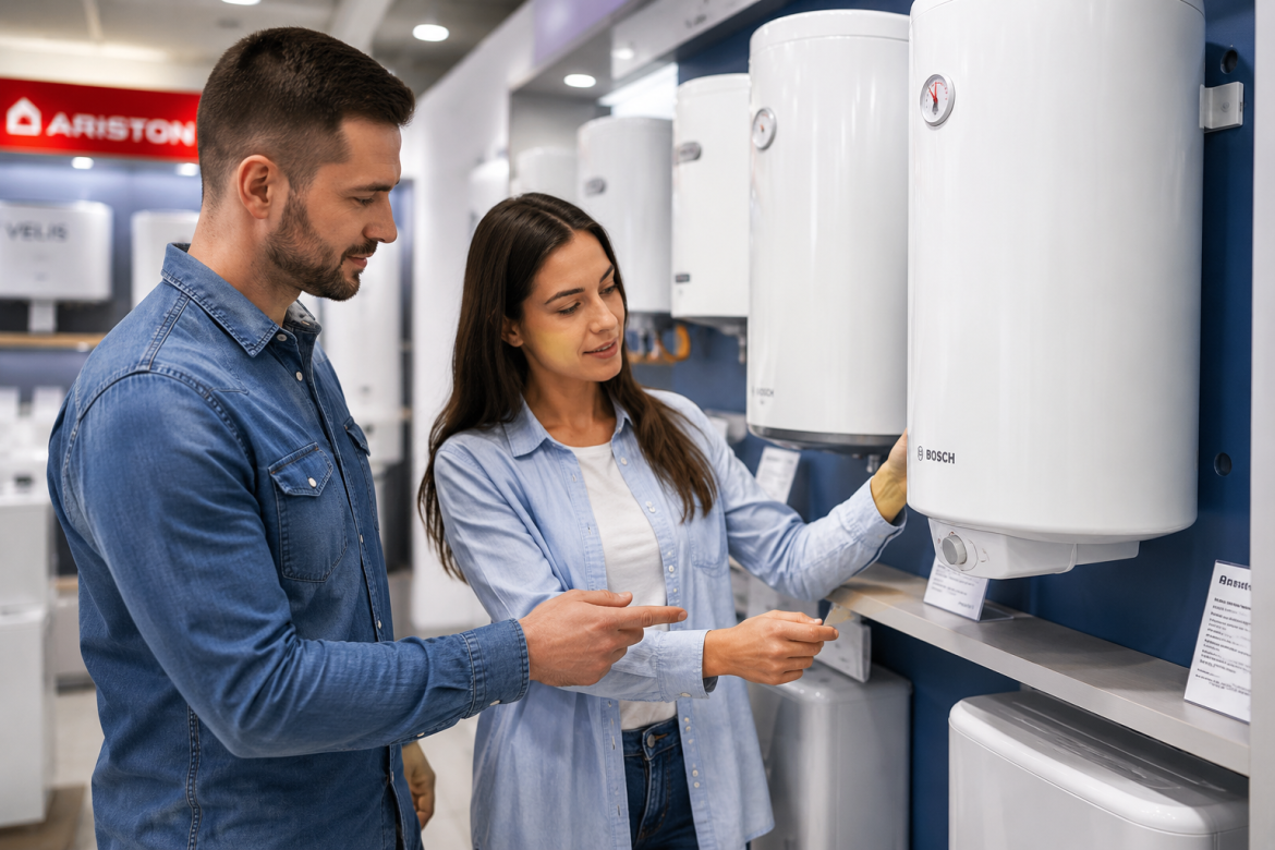 Пара розглядає електричні бойлери Bosch та Ariston у магазині побутової техніки, вибираючи модель для дому