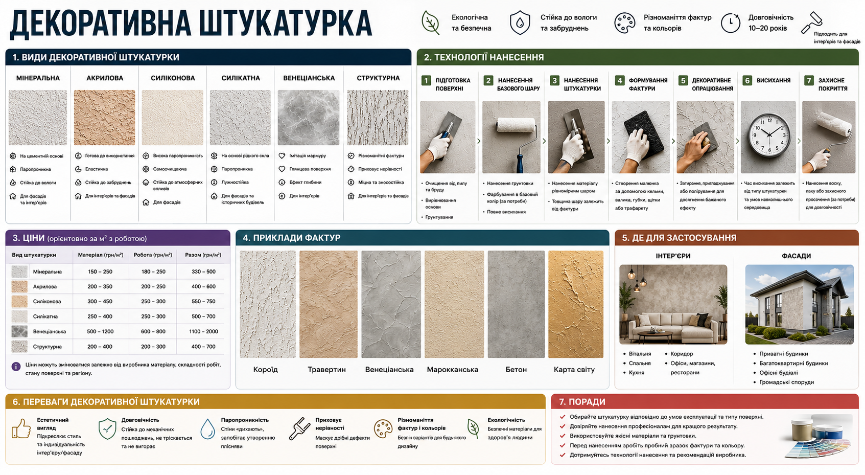 Інфографіка про декоративну штукатурку — мінеральна, акрилова, силіконова, венеціанська та структурна, технологія нанесення у 7 кроків, ціни та сфери застосування
