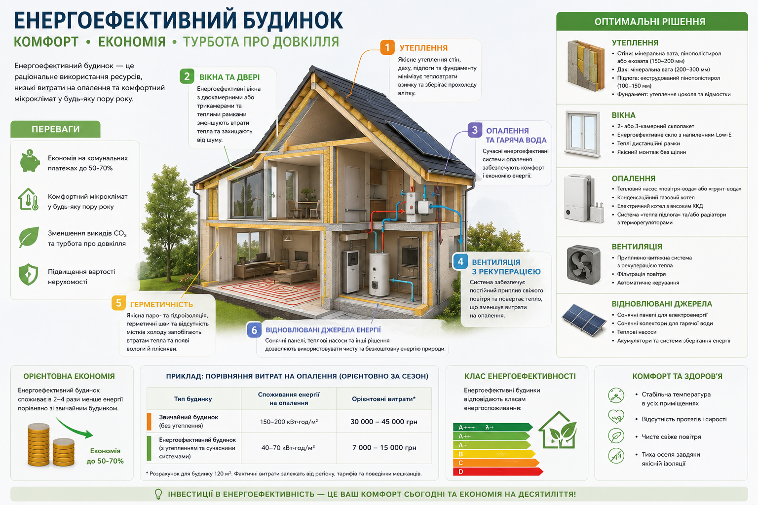 Інфографіка про енергоефективний будинок — утеплення, вікна, опалення, вентиляція з рекуперацією, герметичність та відновлювані джерела енергії, порівняння витрат на опалення