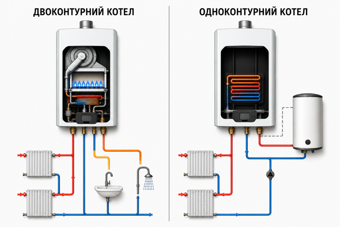 Порівняльна схема двоконтурного газового котла з підключенням до радіаторів і гарячого водопостачання та одноконтурного котла з бойлером непрямого нагріву