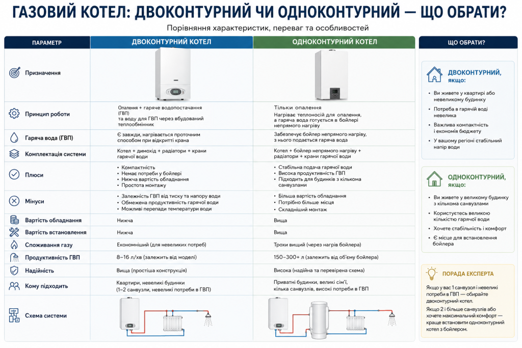 Порівняльна таблиця двоконтурного та одноконтурного газового котла за призначенням, принципом роботи, вартістю, перевагами та недоліками з рекомендаціями щодо вибору