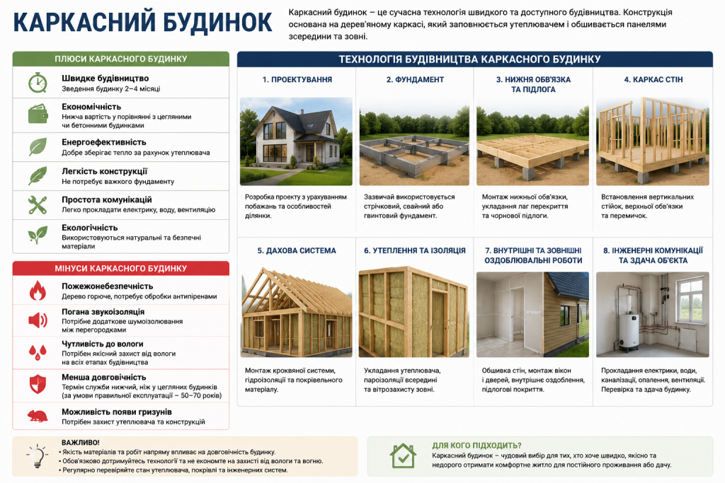 Інфографіка про каркасний будинок — переваги та недоліки конструкції, 8 етапів будівництва від проектування до здачі об'єкта