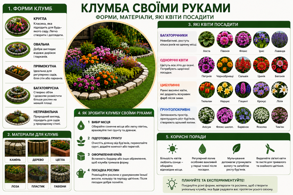 Інфографіка про створення клумби своїми руками — форми клумб, матеріали для обрамлення, види квітів та покрокова інструкція посадки