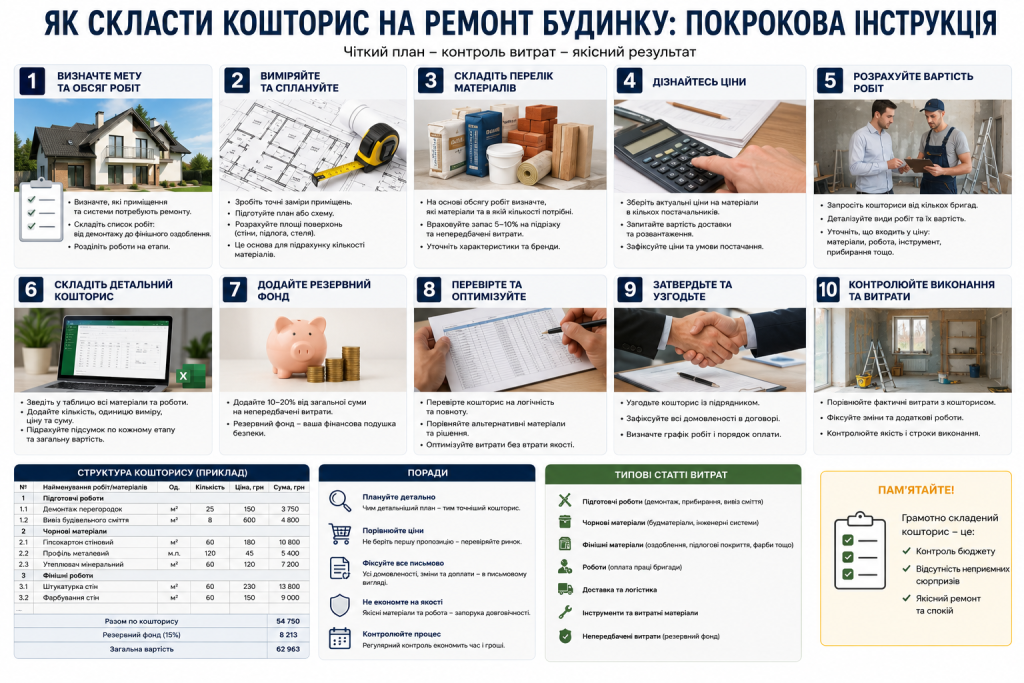 Інфографіка з покроковою інструкцією складання кошторису на ремонт будинку — визначення обсягу робіт, розрахунок матеріалів і вартості, резервний фонд та контроль витрат