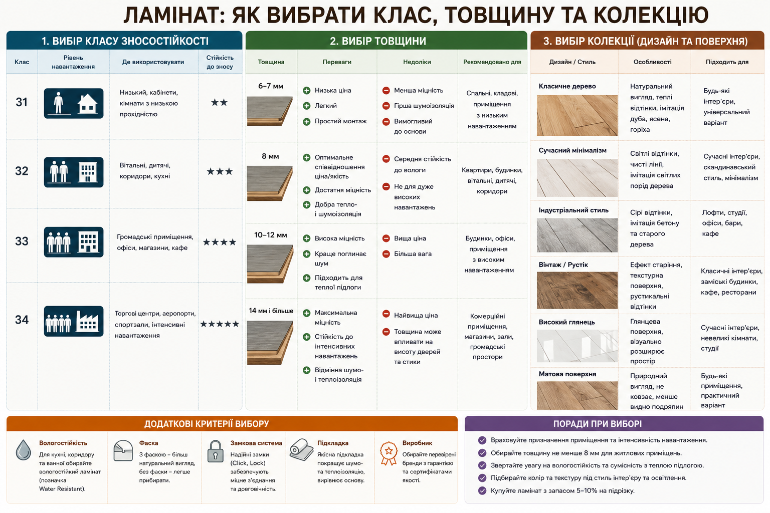 Інфографіка про вибір ламінату — класи зносостійкості від 31 до 34, товщина від 6 до 14 мм, колекції дизайну та додаткові критерії вибору
