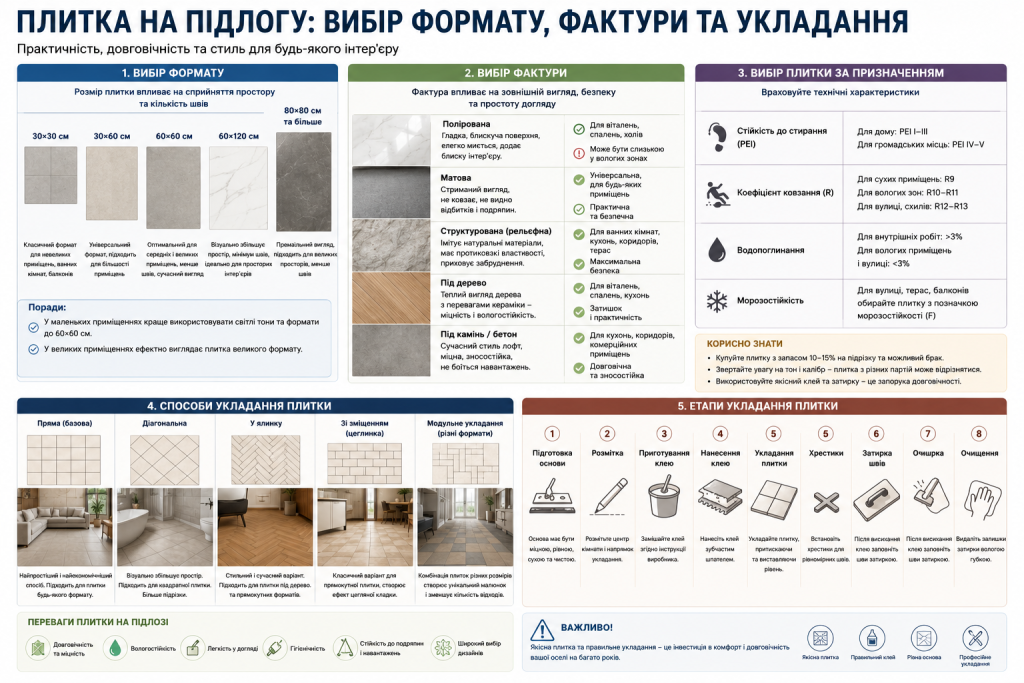 Інфографіка про вибір плитки на підлогу — формати, фактури, призначення, способи укладання та покрокова інструкція монтажу