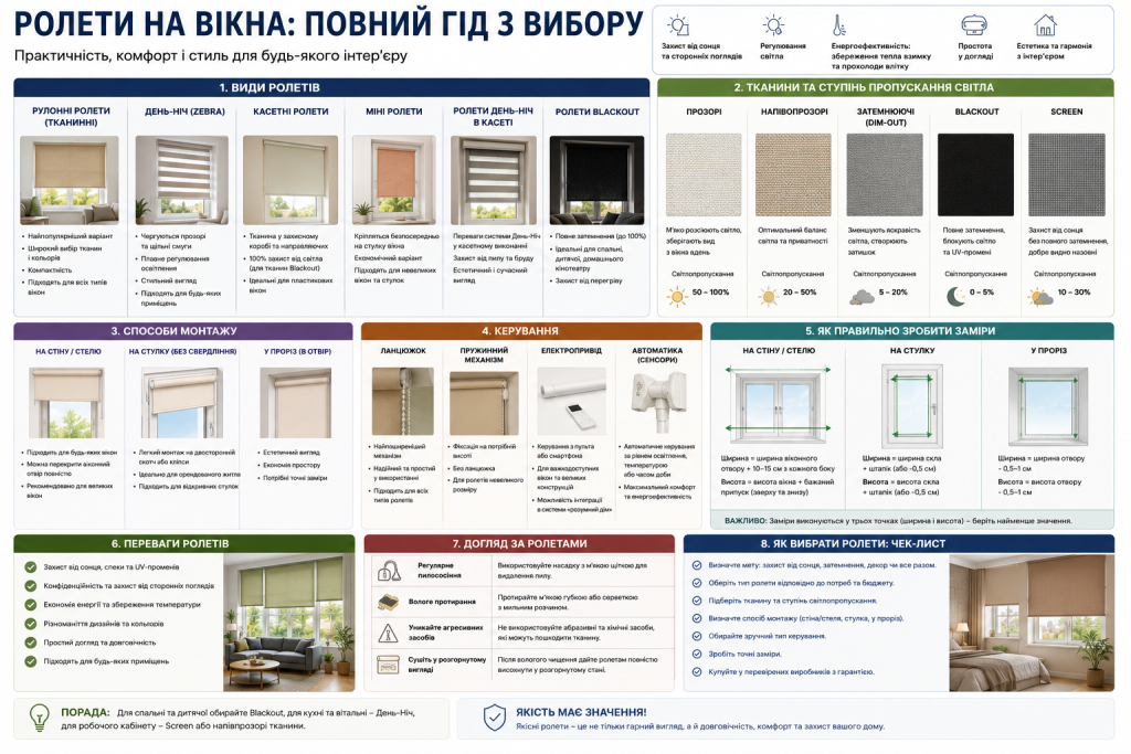 Інфографіка про вибір ролет на вікна — види ролет, тканини та ступінь пропускання світла, способи монтажу, типи керування, як зробити заміри та догляд за ролетами