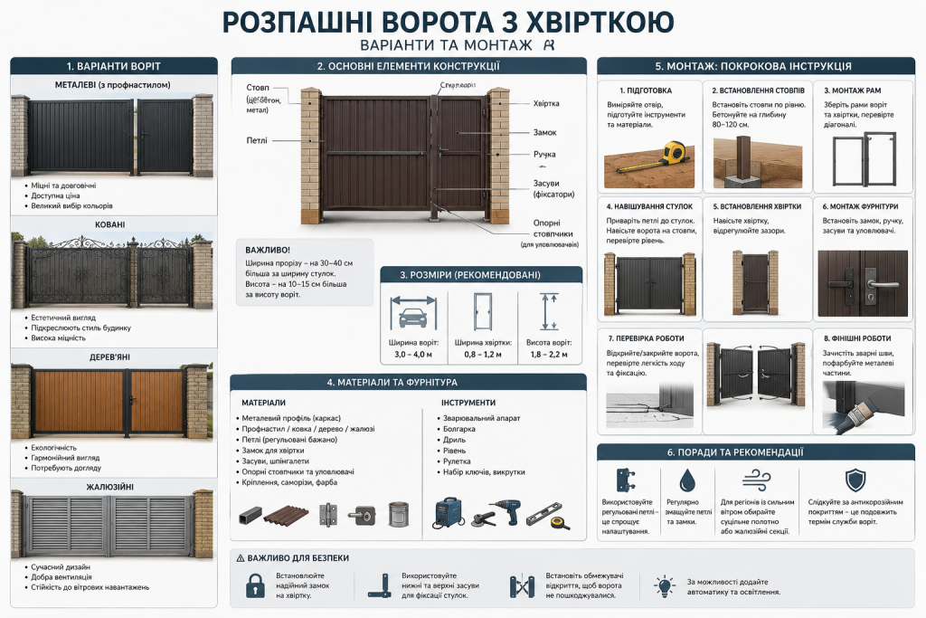 Інфографіка про розпашні ворота з хвірткою — металеві, ковані, дерев'яні та жалюзійні варіанти, основні елементи конструкції, рекомендовані розміри та покрокова інструкція монтажу