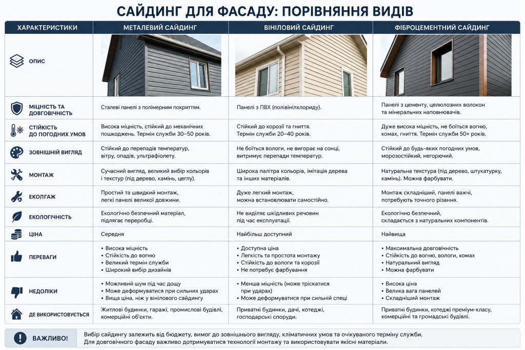 Порівняльна таблиця трьох видів сайдингу для фасаду — металевого, вінілового та фіброцементного: характеристики, переваги, недоліки та сфери застосування