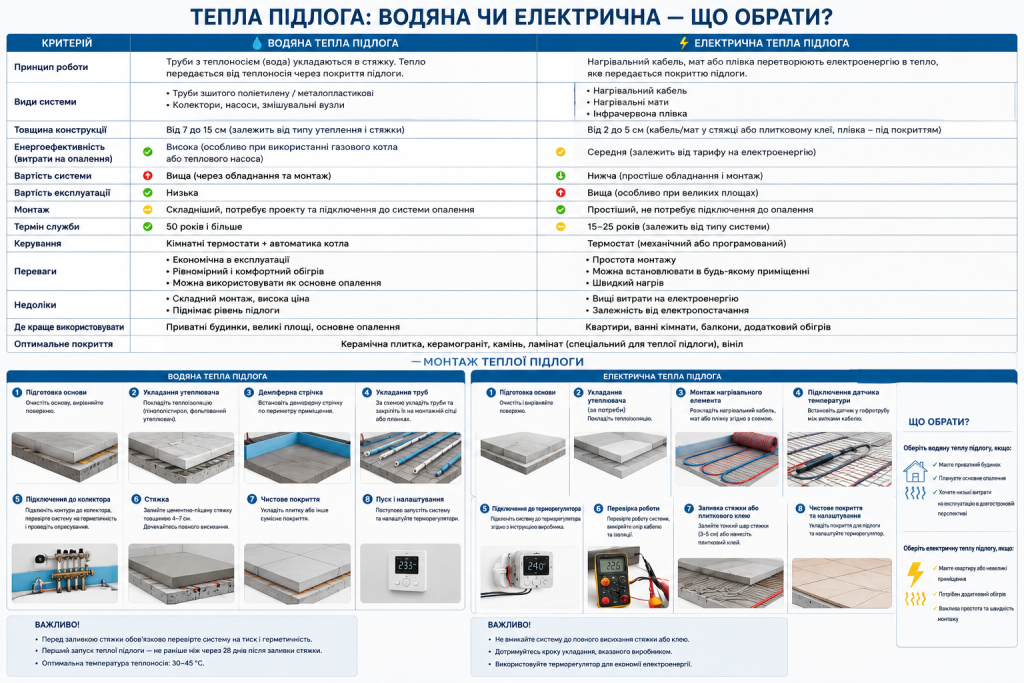 Інфографіка з порівнянням водяної та електричної теплої підлоги — принцип роботи, монтаж, енергоефективність, переваги та недоліки кожної системи