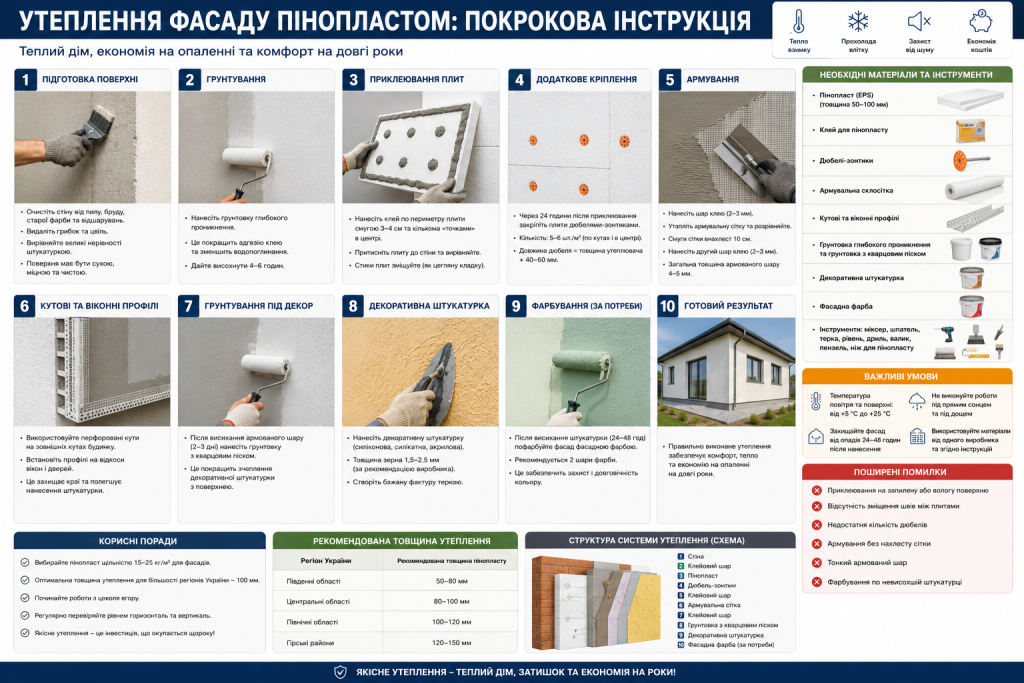 Інфографіка про утеплення фасаду пінопластом — 10 етапів монтажу, необхідні матеріали та інструменти, рекомендована товщина утеплення по регіонах України та поширені помилки
