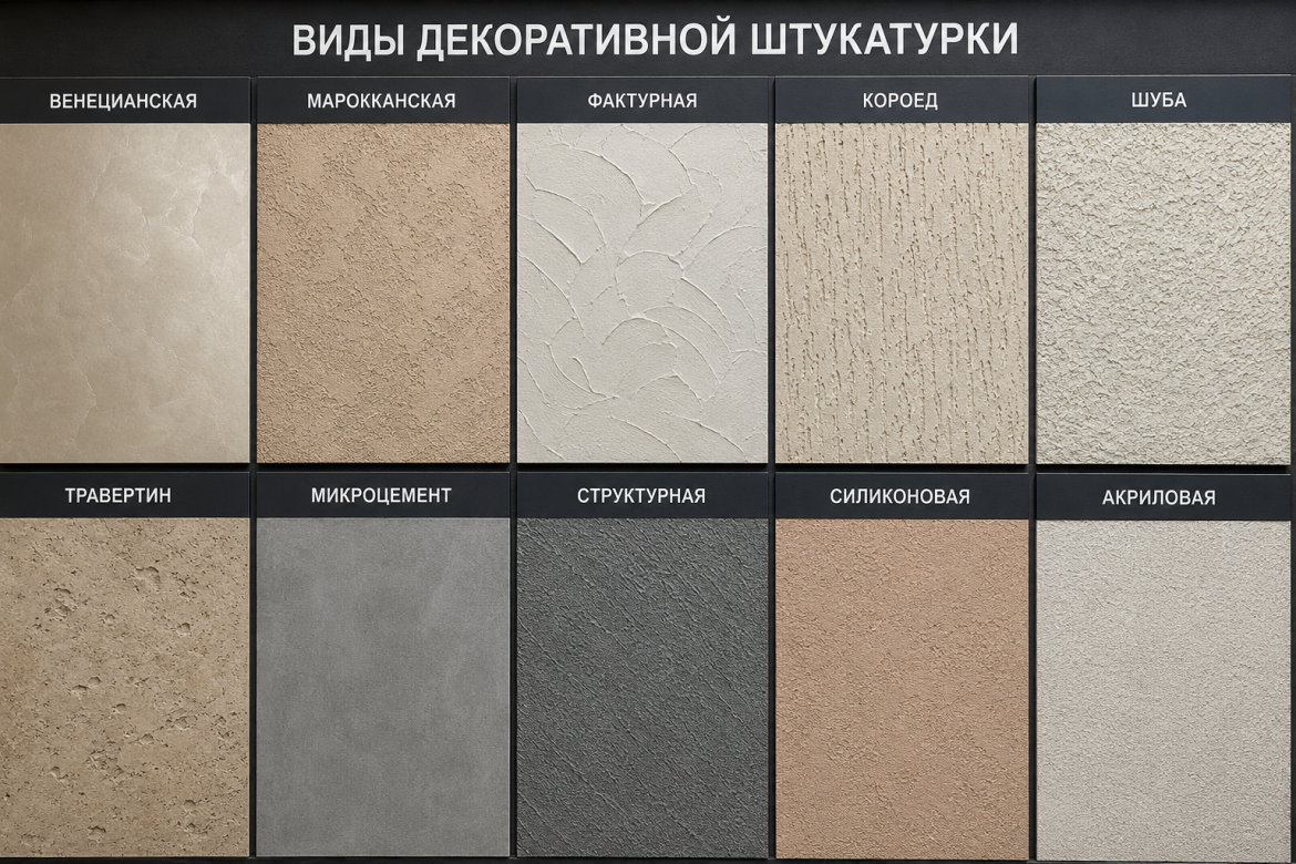 Зразки десяти видів декоративної штукатурки — венеціанська, марокканська, фактурна, короїд, шуба, травертин, мікроцемент, структурна, силіконова та акрилова