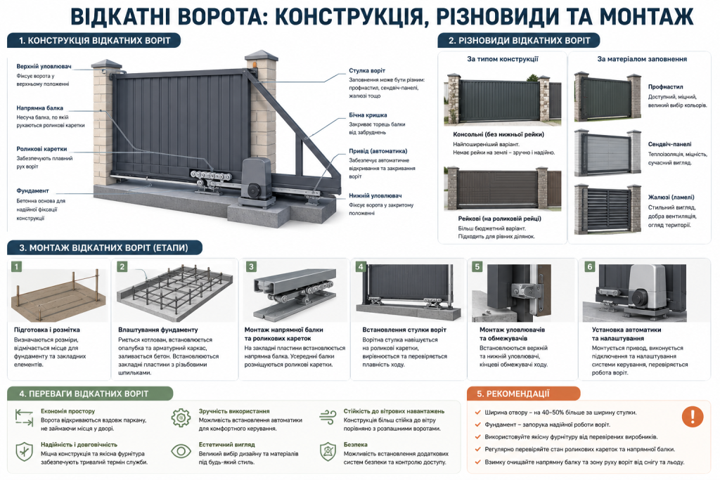 Інфографіка про відкатні ворота — конструктивні елементи, різновиди за типом і матеріалом заповнення, 6 етапів монтажу, переваги та рекомендації