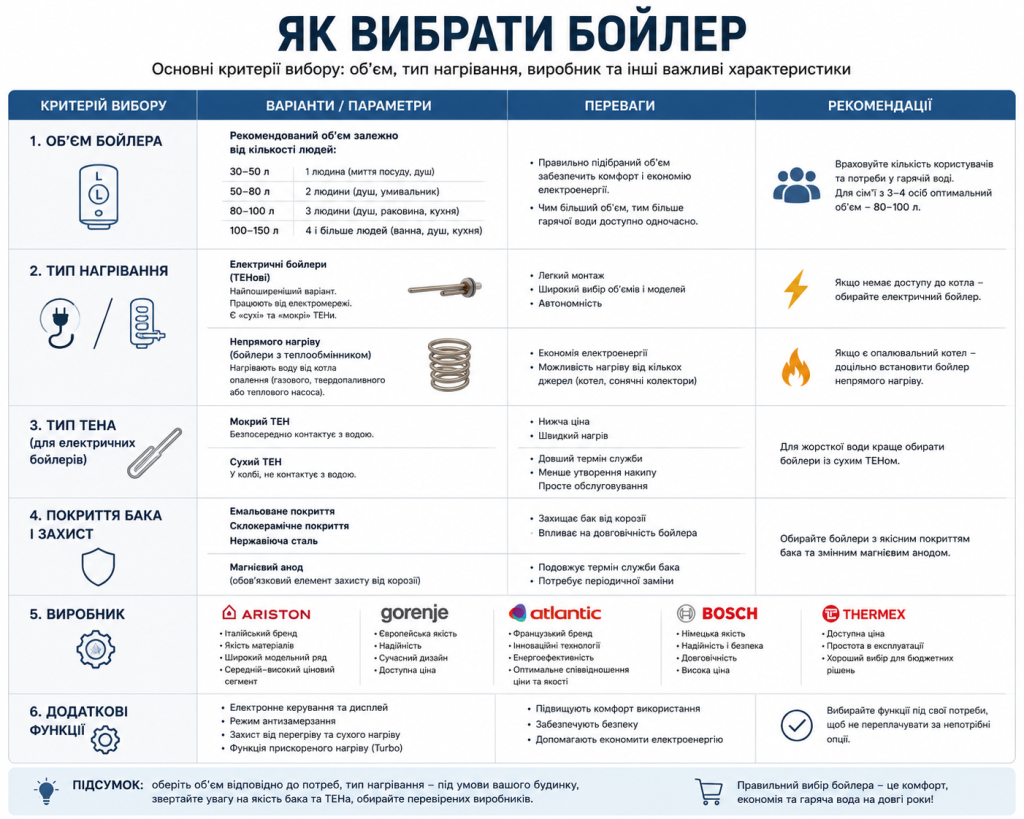 Інфографіка з критеріями вибору бойлера — рекомендований об'єм залежно від кількості людей, тип ТЕНа, покриття бака, порівняння брендів Ariston, Bosch, Gorenje та інших