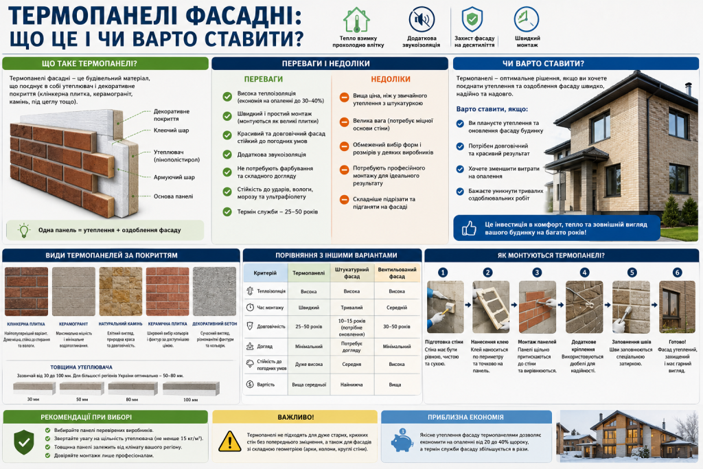Інфографіка про фасадні термопанелі, їхні переваги та спосіб монтажу