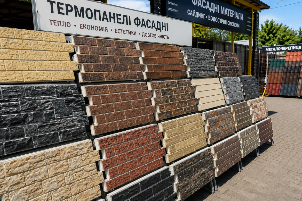 Зразки фасадних термопанелей різних кольорів і фактур у магазині
