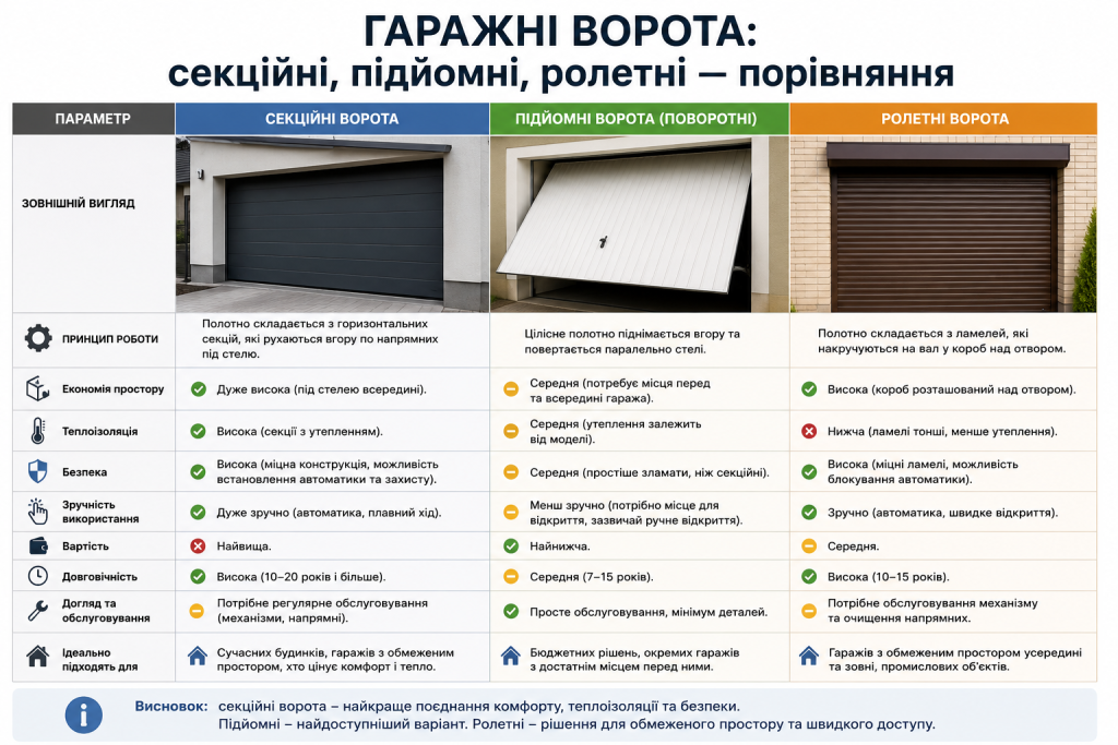 Інфографіка з порівнянням секційних, підйомних і ролетних гаражних воріт