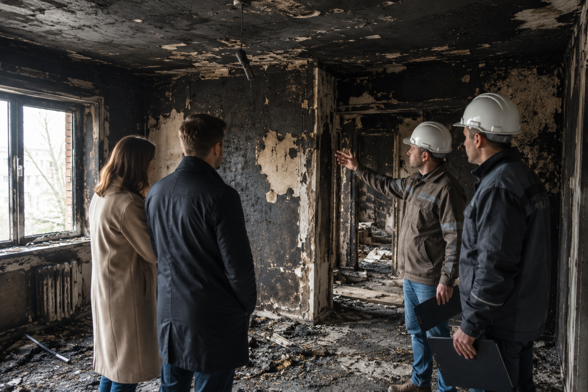 Фахівці разом із власниками оглядають квартиру, пошкоджену пожежею, перед початком відновлювальних робіт.