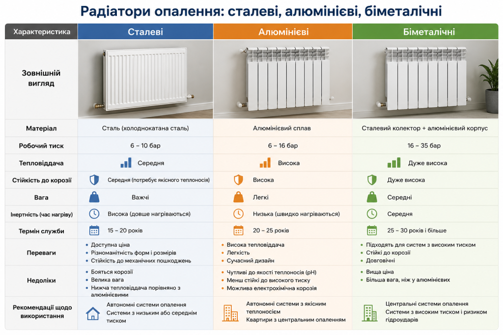 Таблиця порівняння сталевих, алюмінієвих та біметалічних радіаторів опалення за характеристиками