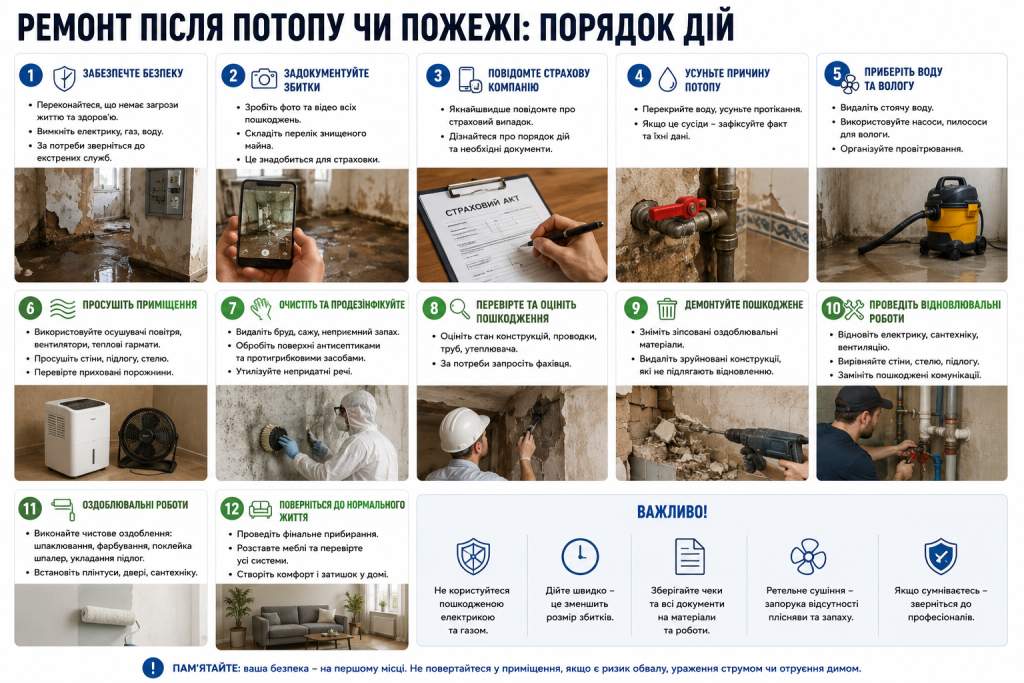 Інфографіка з основними етапами ремонту квартири після затоплення або пожежі.