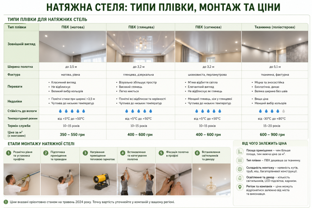 Інфографіка з порівнянням типів плівки для натяжних стель, етапами монтажу та цінами за квадратний метр