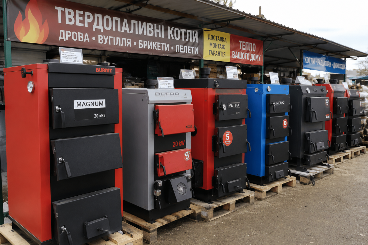 Твердопаливні котли різних моделей на торговому майданчику