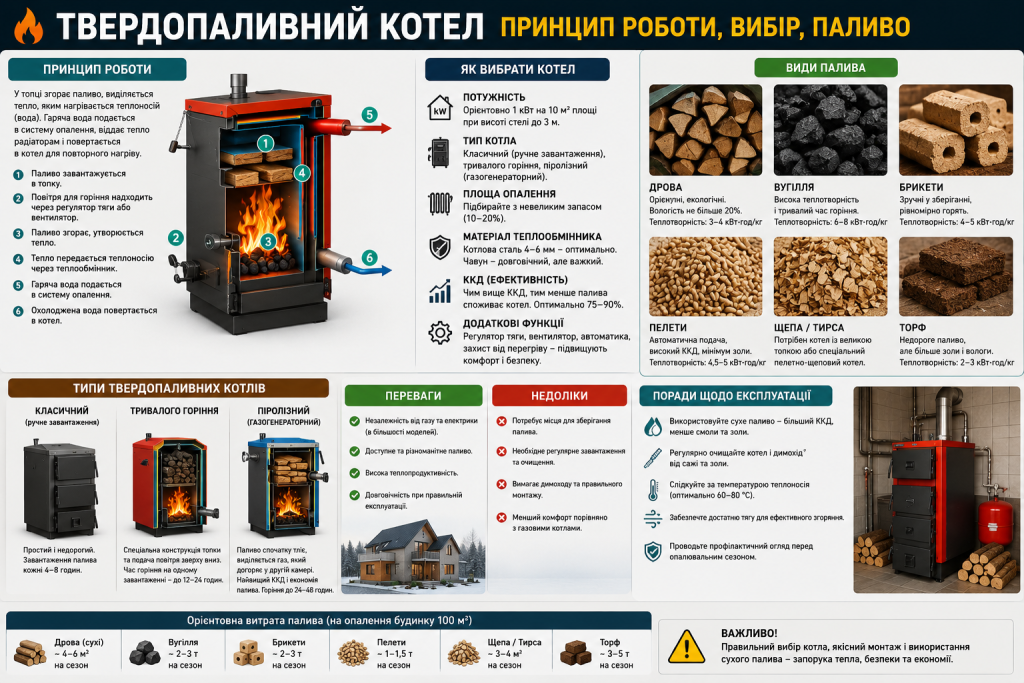 Інфографіка про принцип роботи твердопаливного котла та різні види палива