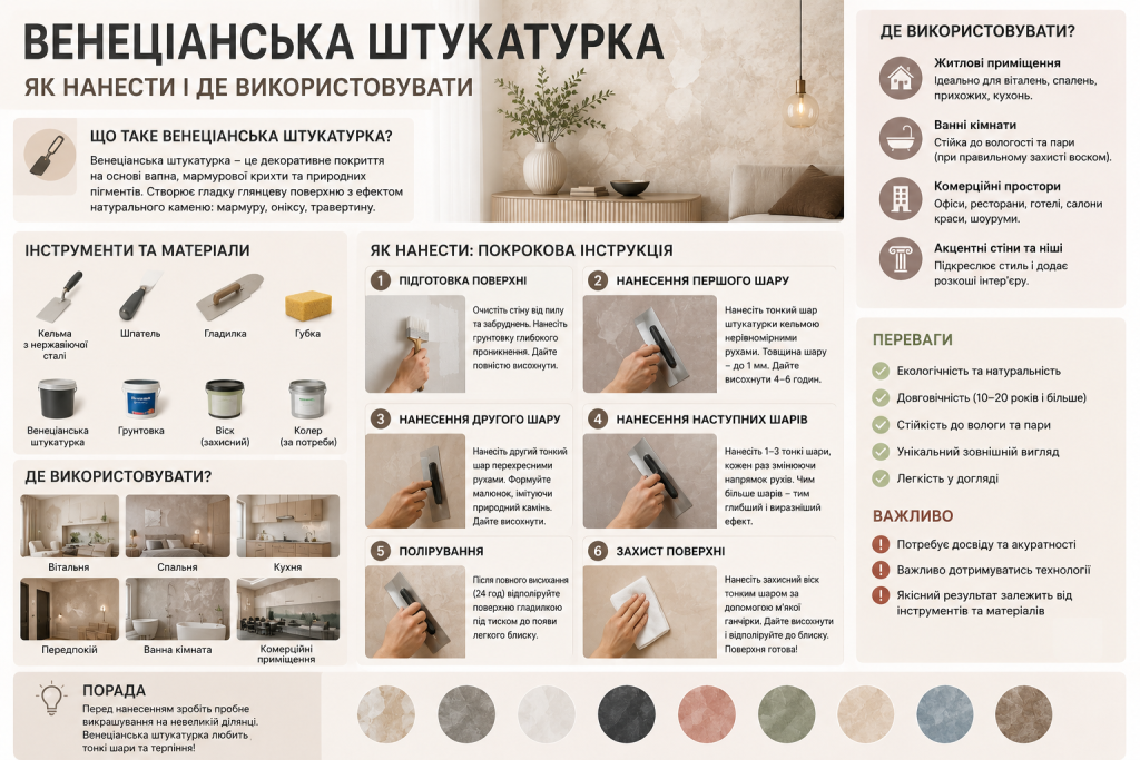 Інфографіка з покроковою інструкцією нанесення венеціанської штукатурки