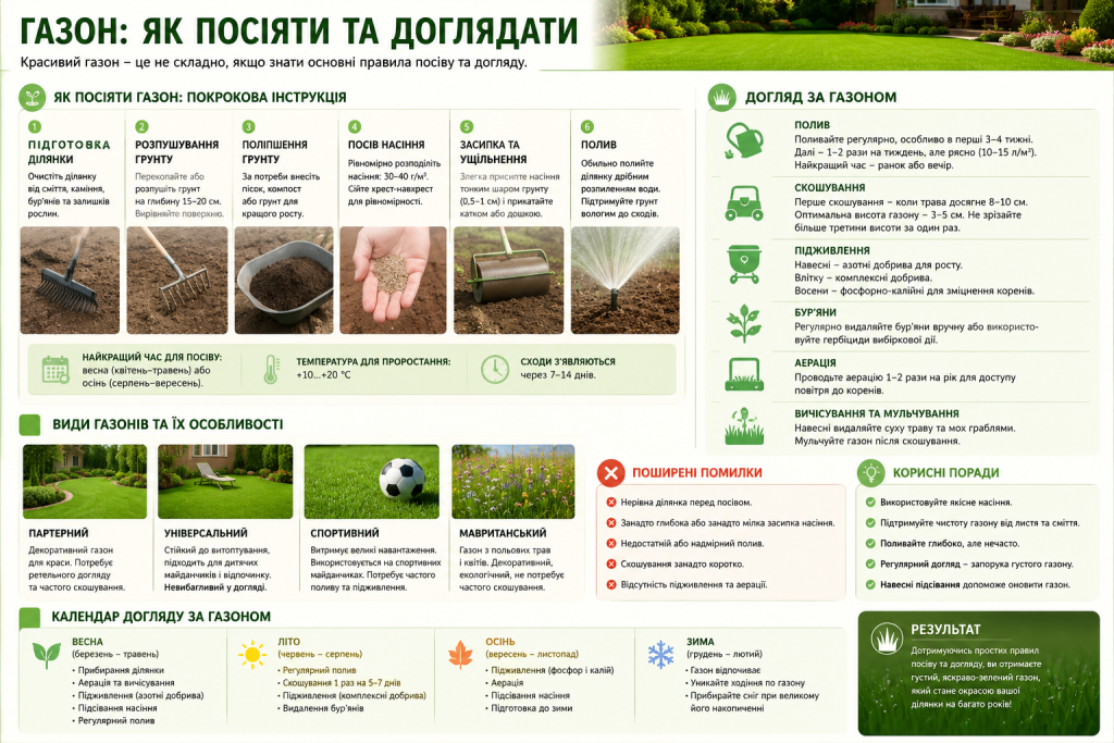 Інфографіка з покроковою інструкцією посіву газону, видами газонів та календарем догляду за сезонами