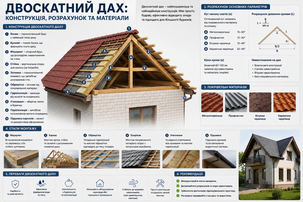Інфографіка зі схемою конструкції двосхилого даху, кроквами, утепленням, покрівельними матеріалами та етапами монтажу