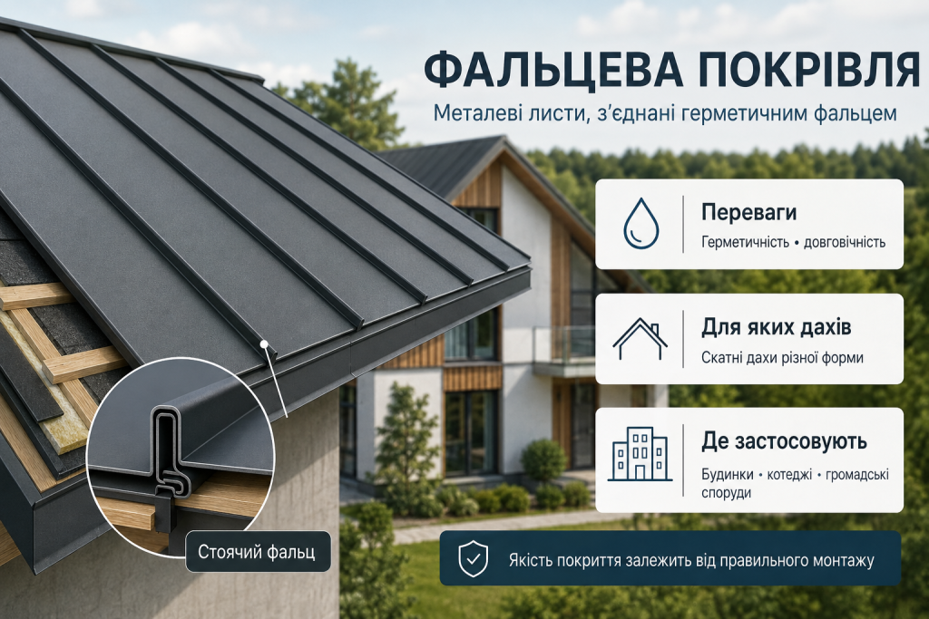 Інфографіка про фальцеву покрівлю, герметичне з’єднання металевих листів та сфери її застосування