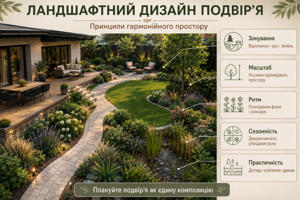 Інфографіка про ландшафтний дизайн подвір’я, зонування, масштаб, ритм, сезонність і практичність