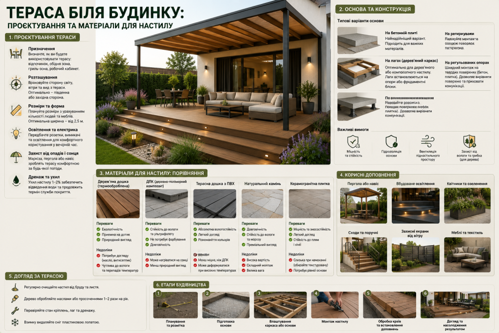 Інфографіка про проєктування тераси, вибір основи, матеріалів для настилу, освітлення та облаштування