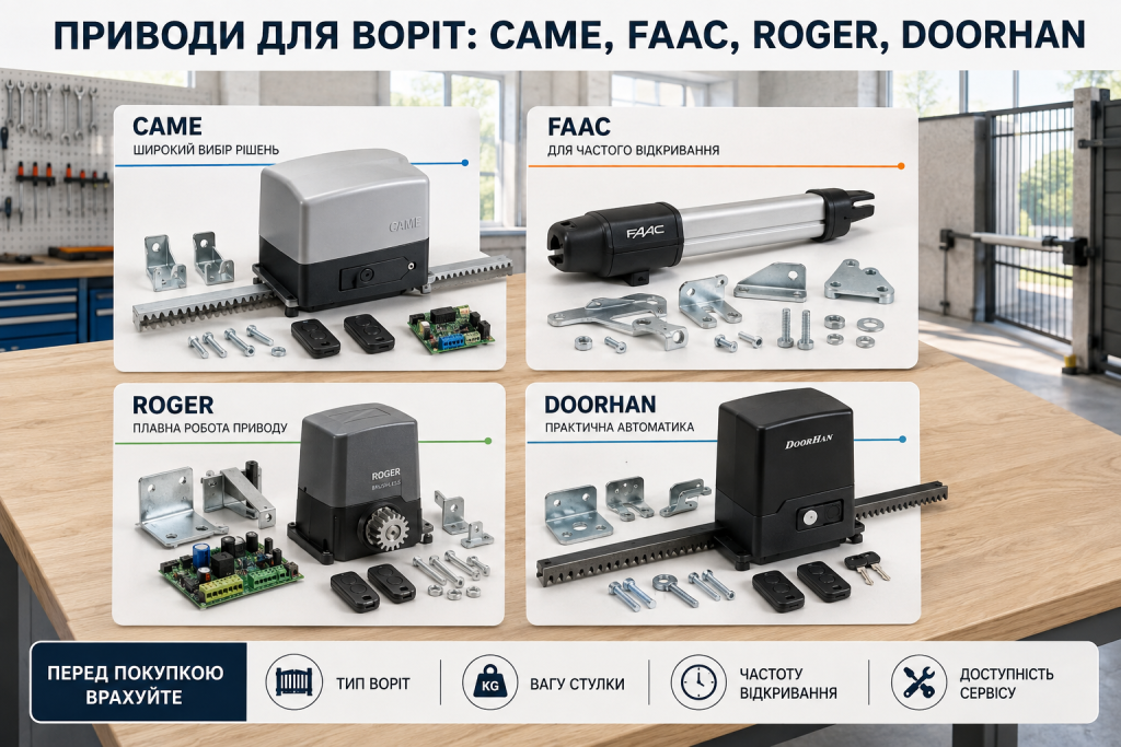 Інфографіка з порівнянням приводів для автоматичних воріт CAME, FAAC, Roger і DoorHan та основними критеріями вибору автоматики.