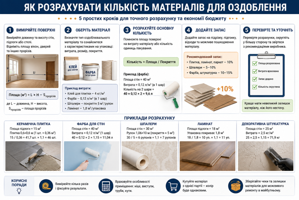 Інфографіка про розрахунок кількості матеріалів для оздоблення стін і підлоги, включно з плиткою, фарбою, шпалерами та ламінатом