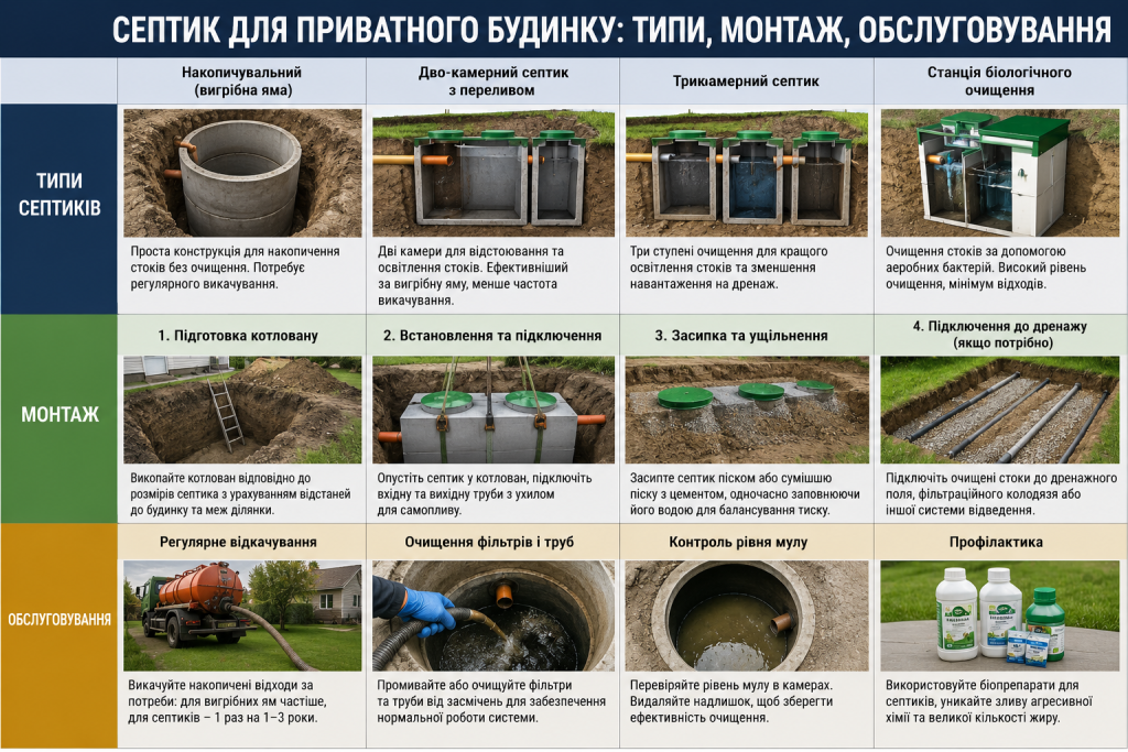 Інфографіка про типи септиків для приватного будинку, етапи монтажу, підключення та обслуговування системи