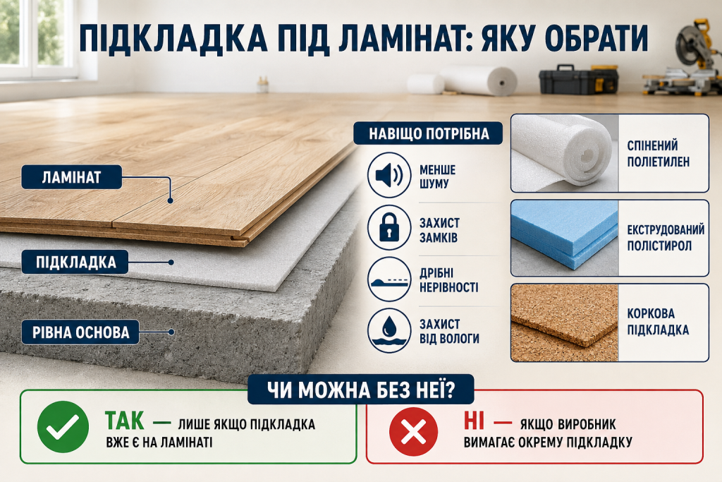 Інфографіка про підкладку під ламінат, її призначення та основні види: спінений поліетилен, екструдований полістирол і коркова підкладка.