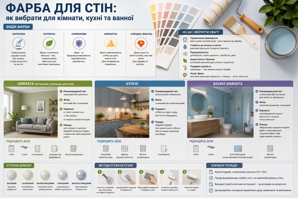 Інфографіка про вибір фарби для кімнати, кухні та ванної, види фарб, ступінь блиску й підготовку стін