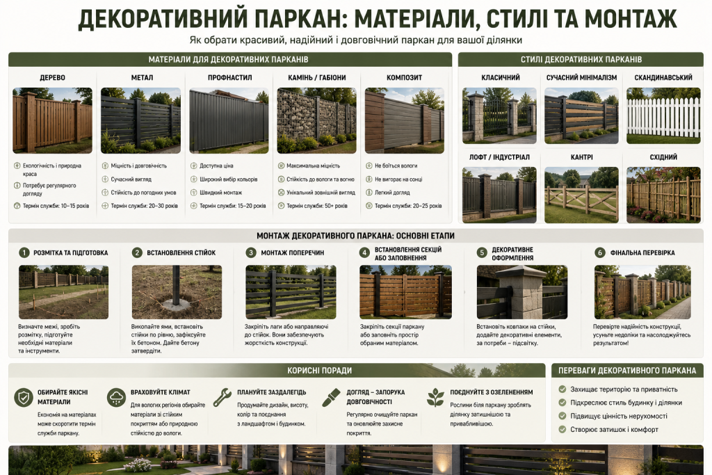 Інфографіка про декоративні паркани з дерева, металу, профнастилу, каменю та композиту, стилі й монтаж