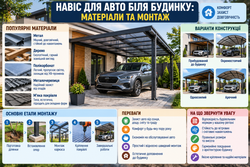 Інфографіка про навіс для автомобіля біля будинку з видами конструкцій, матеріалами, перевагами та етапами монтажу