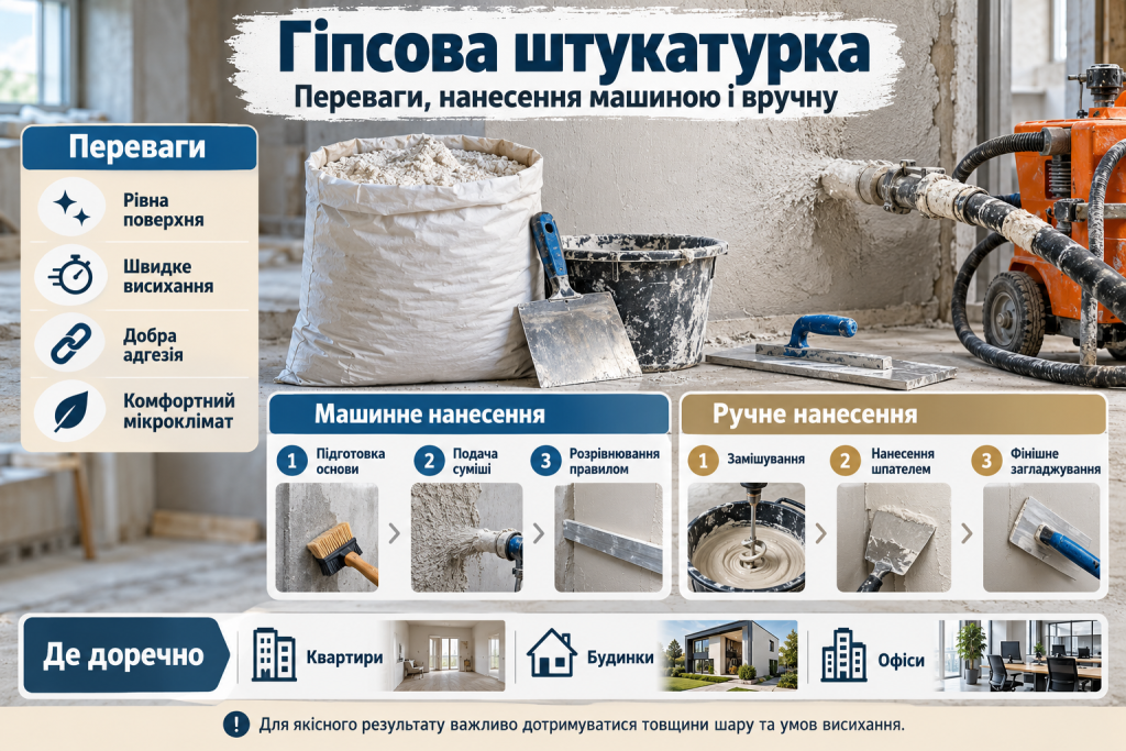 Інфографіка про переваги гіпсової штукатурки, особливості машинного й ручного нанесення та використання для внутрішнього оздоблення приміщень.