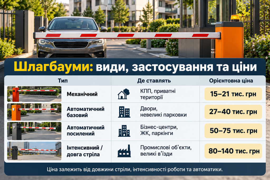 Порівняльна інфографіка з основними видами механічних та автоматичних шлагбаумів, сферами їх застосування й орієнтовною вартістю.