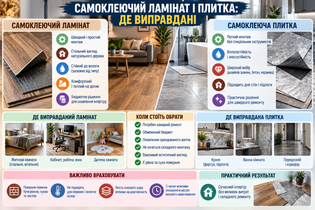Інфографіка про самоклеючий ламінат і плитку, їх переваги, особливості монтажу та варіанти використання в інтер’єрі