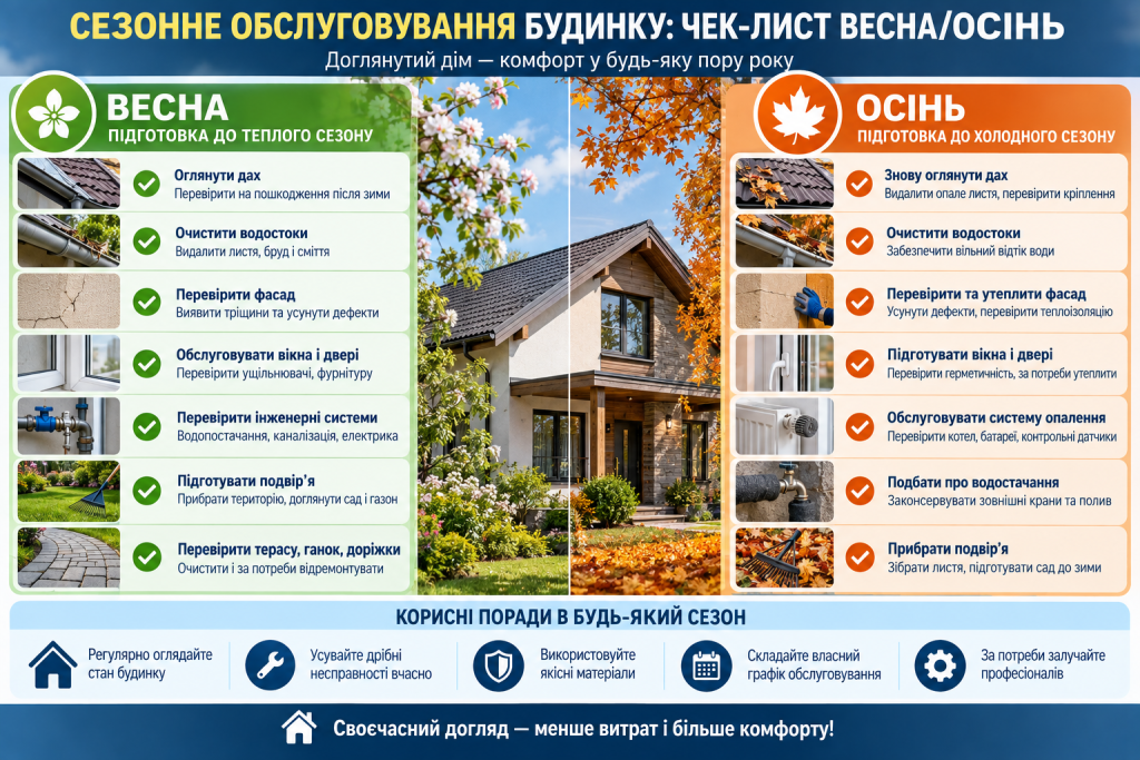 Інфографіка з чеклістом сезонного обслуговування будинку навесні та восени.
