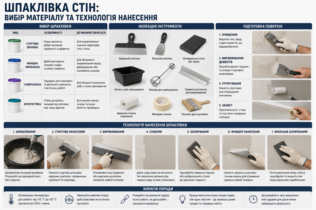 Інфографіка про види шпаклівки для стін, необхідні інструменти, підготовку поверхні та етапи нанесення