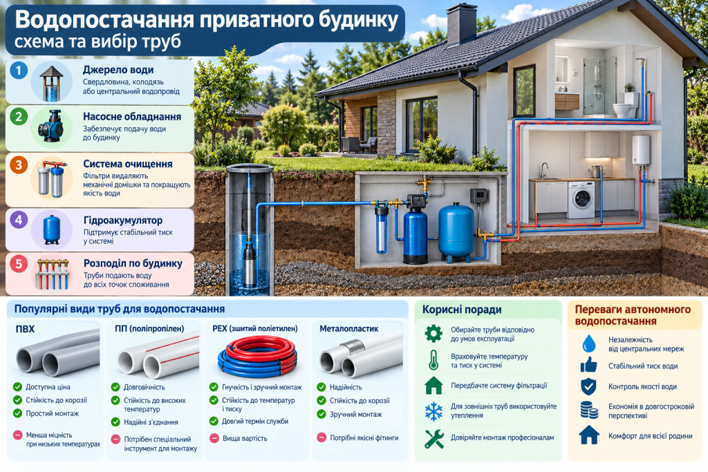 Інфографіка зі схемою водопостачання приватного будинку, свердловиною, насосом, фільтрами, гідроакумулятором і видами труб.