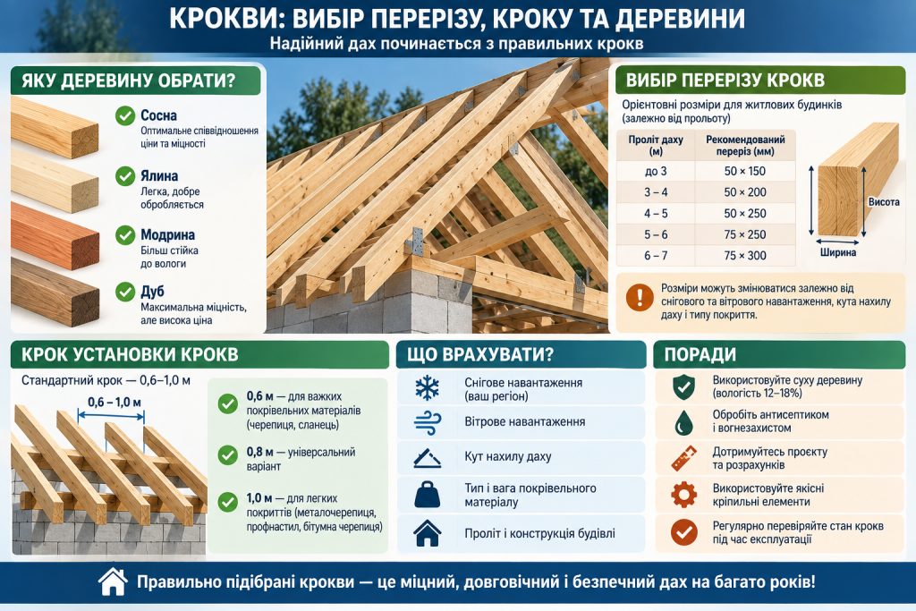 Інфографіка про вибір крокв для даху, види деревини, рекомендований переріз і крок встановлення.